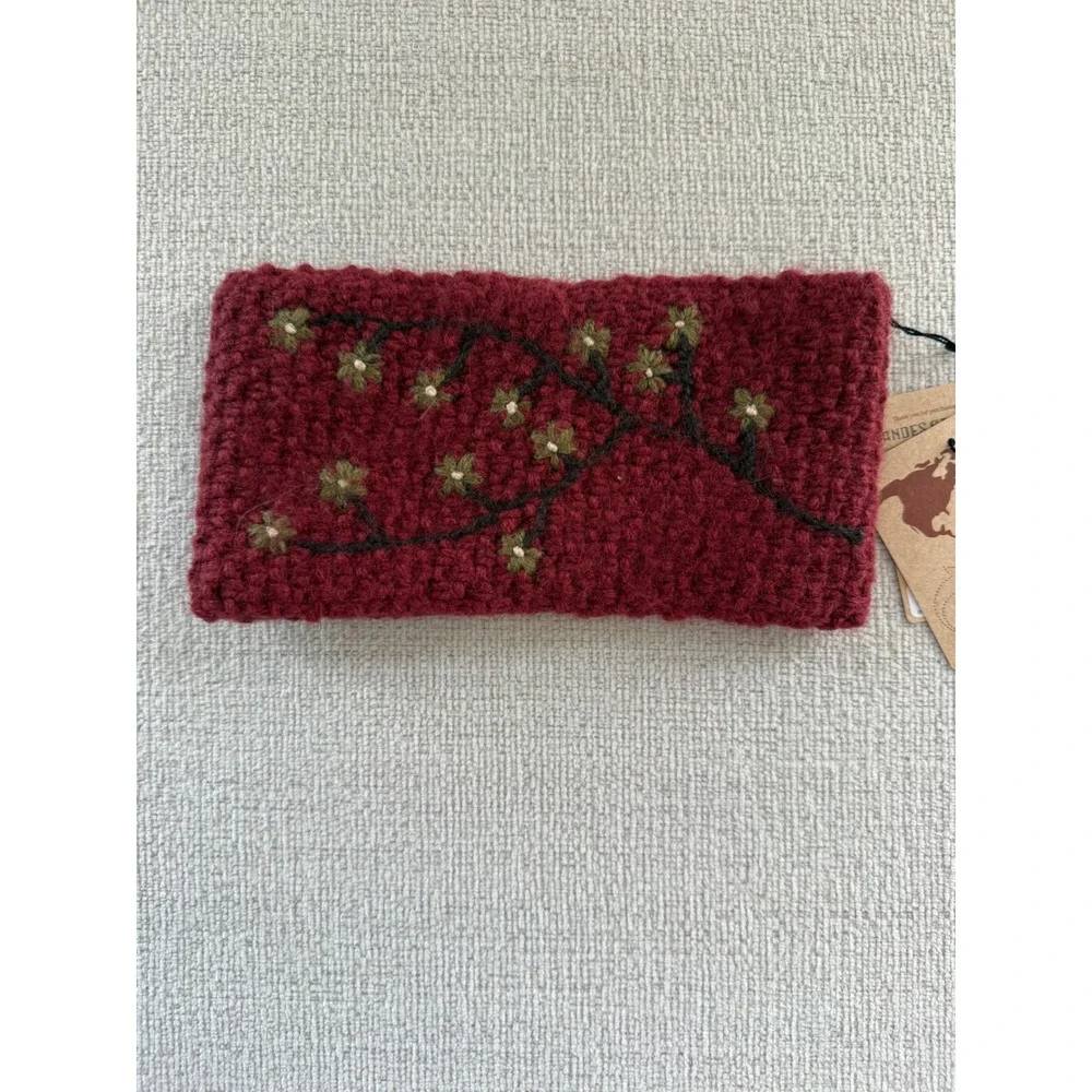 NWT Hand Knit Alpaca Blend Fleece Lined Ear Warmer Burgundy Embroidered Floral